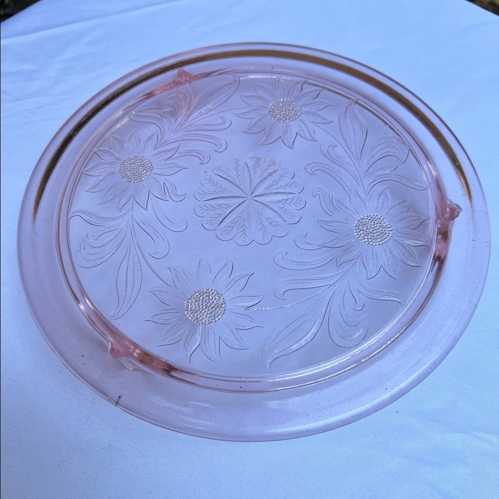 Pink Jeanette depression glass sunflower cake plate